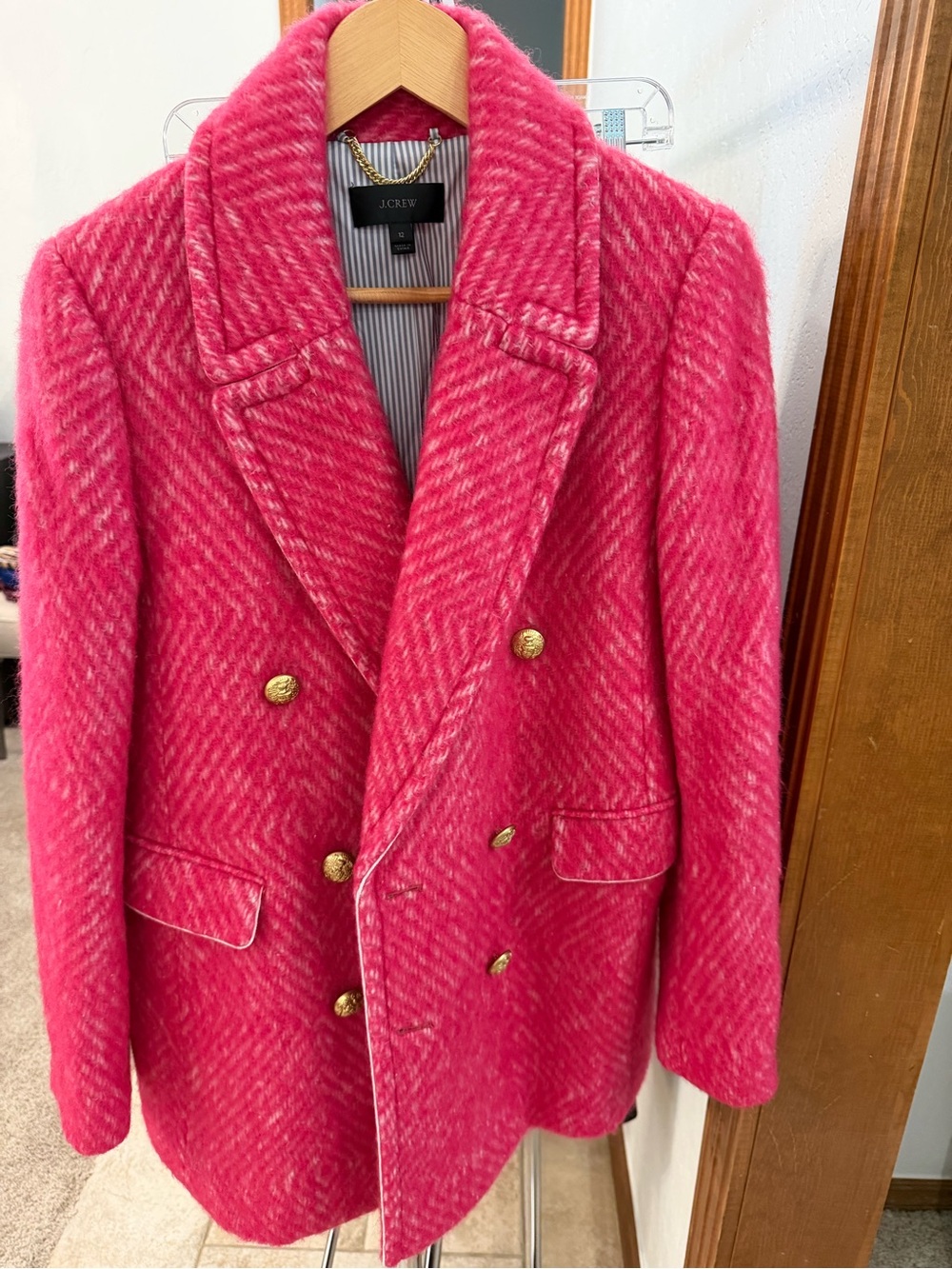 J. Crew Bright Pink Double-Breasted Wool Pea Coat